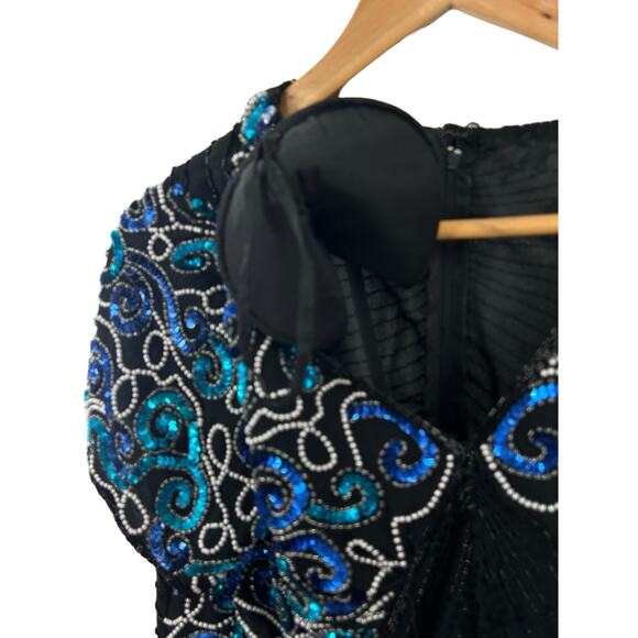 Stenay Silk Blue Sequin 80’s Black and Blue‎ Cocktail Dress Size 14 - Picture 5 of 12